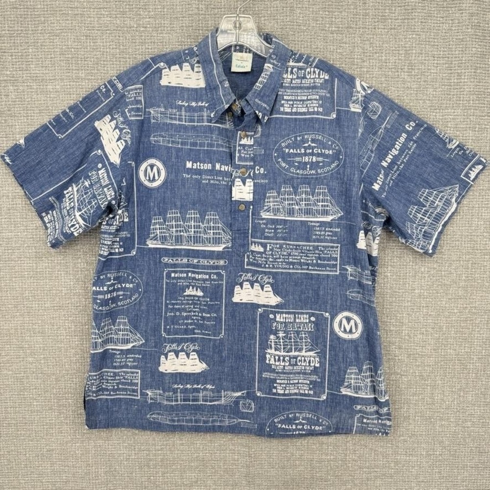 Kahala Shirt Mens XL Blue Chambray Graphic Button‎ Up Short Sleeve Relaxed